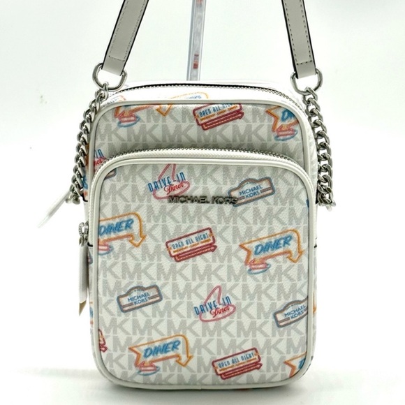 Michael Kors Jet Set Medium Printed Signature Logo Crossbody Bag Optic White - Picture 1 of 9